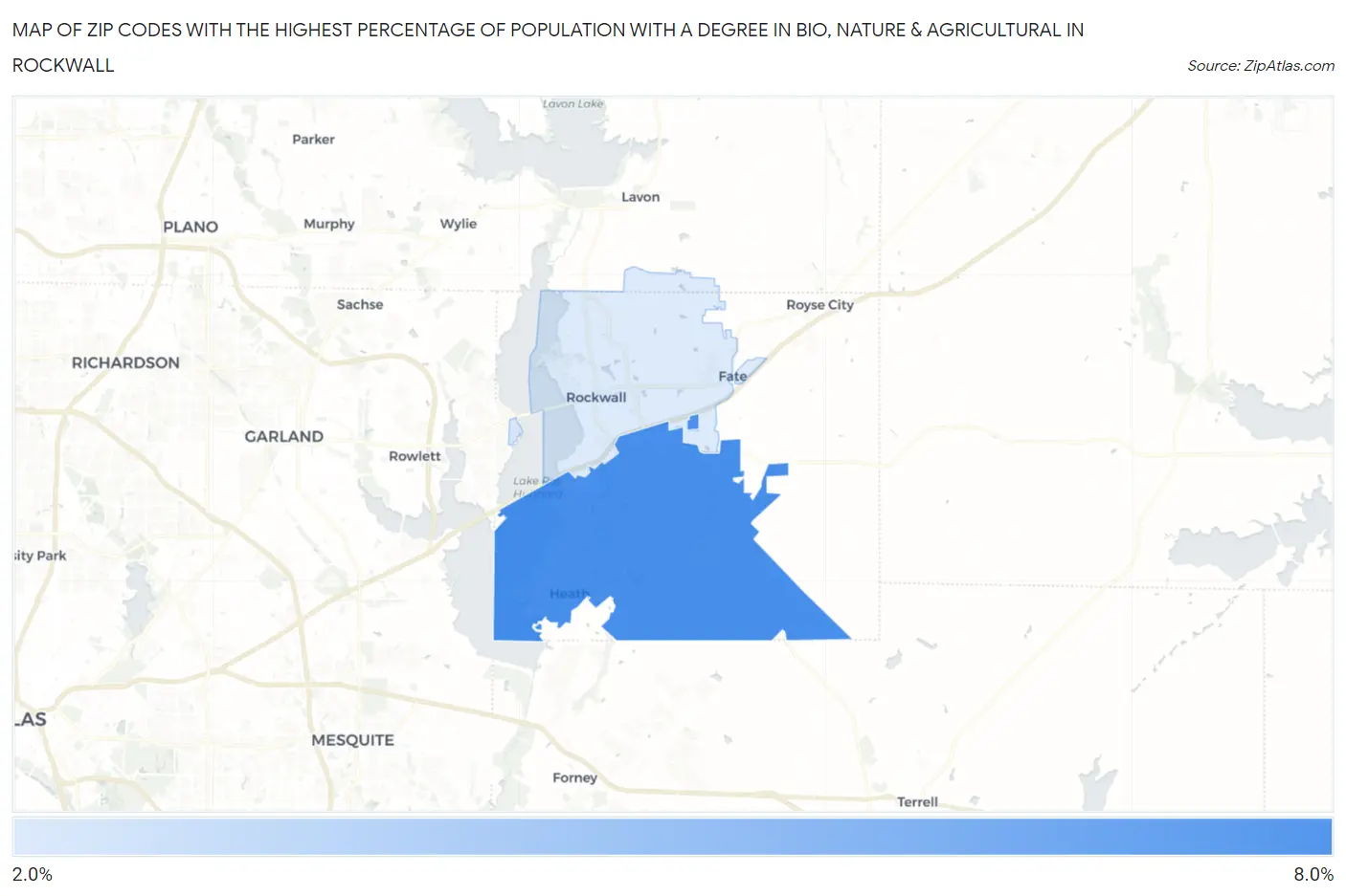 Zip Codes with the Highest Percentage of Population with a Degree in Bio, Nature & Agricultural in Rockwall Map