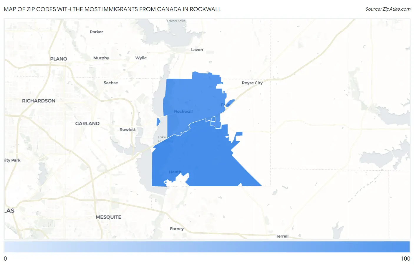 Zip Codes with the Most Immigrants from Canada in Rockwall Map