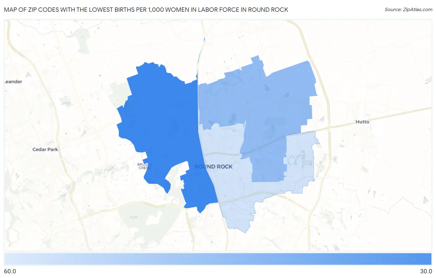 Zip Codes with the Lowest Births per 1,000 Women in Labor Force in Round Rock Map