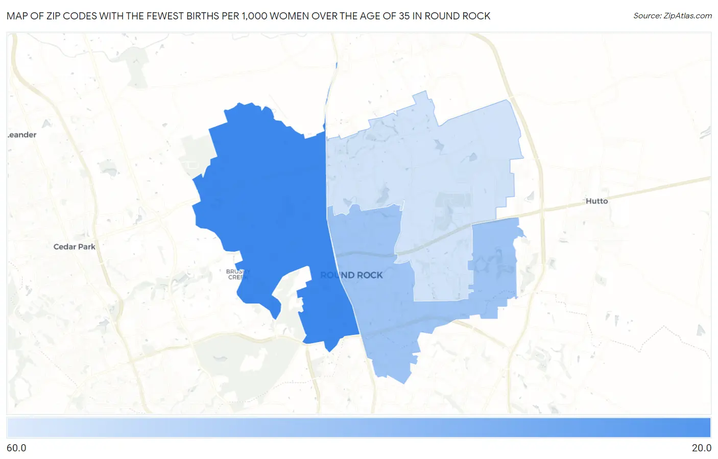 Zip Codes with the Fewest Births per 1,000 Women Over the Age of 35 in Round Rock Map