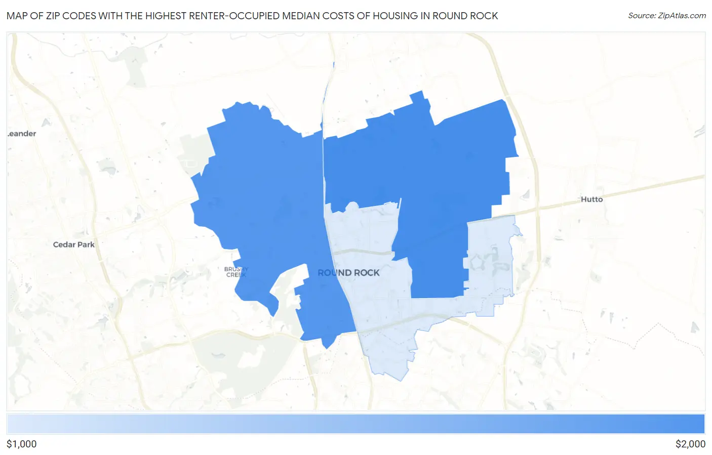 Zip Codes with the Highest Renter-Occupied Median Costs of Housing in Round Rock Map