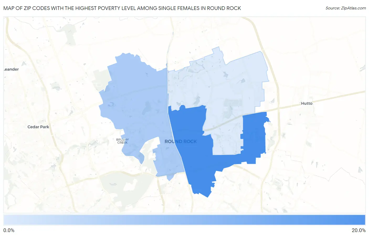 Zip Codes with the Highest Poverty Level Among Single Females in Round Rock Map