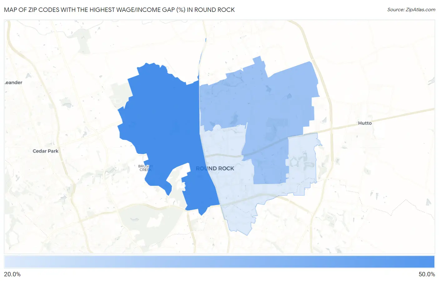 Zip Codes with the Highest Wage/Income Gap (%) in Round Rock Map