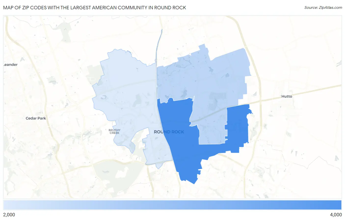 Zip Codes with the Largest American Community in Round Rock Map