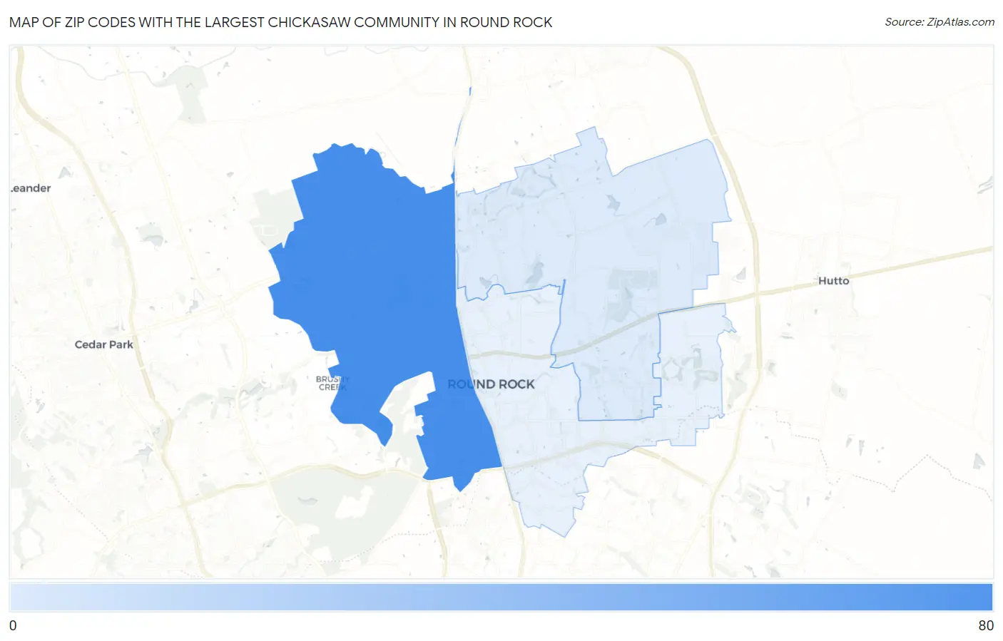 Zip Codes with the Largest Chickasaw Community in Round Rock Map