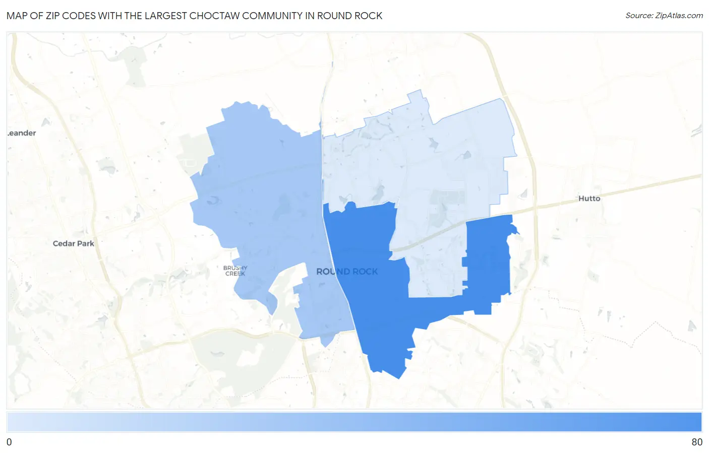 Zip Codes with the Largest Choctaw Community in Round Rock Map