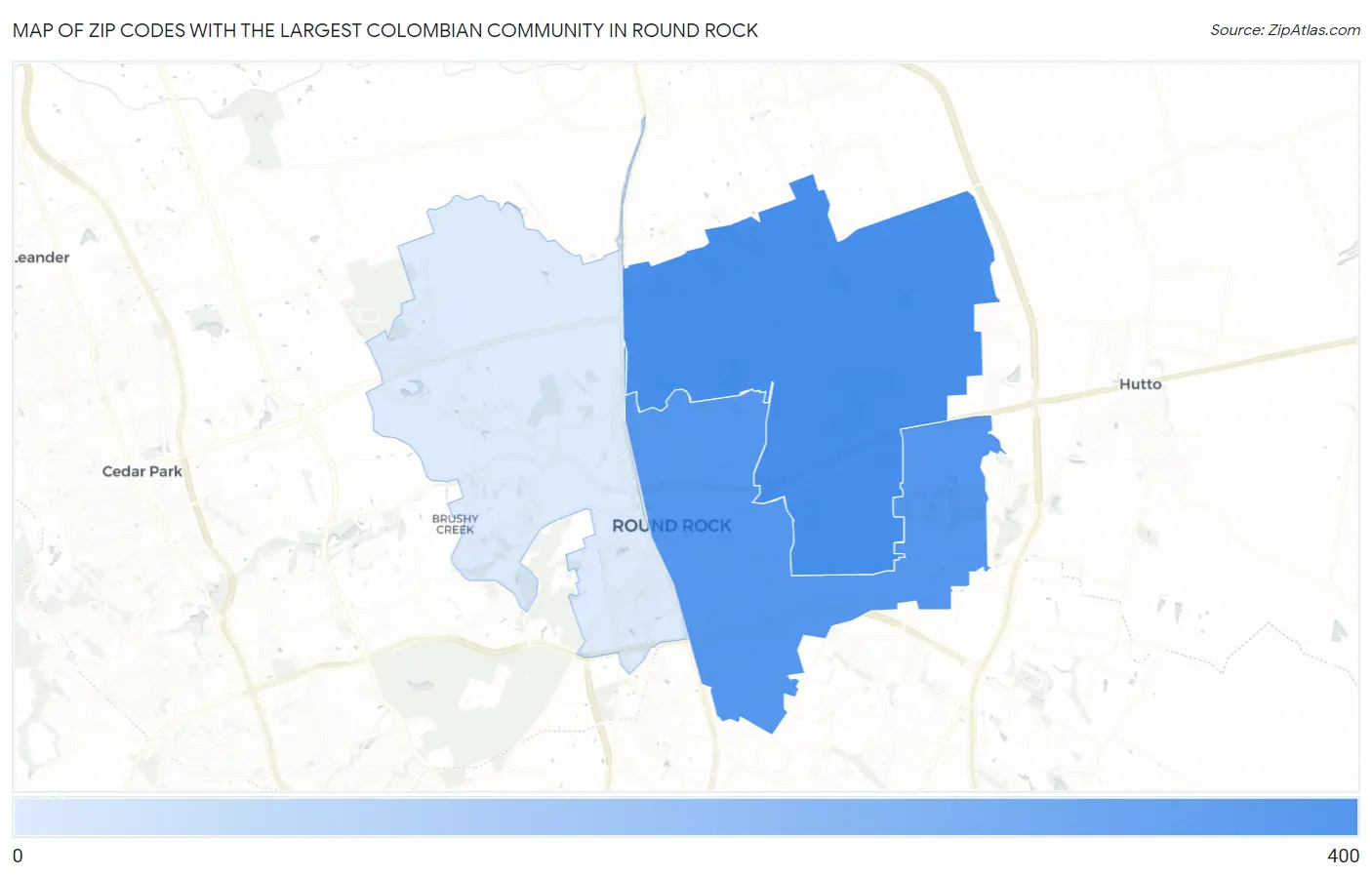 Zip Codes with the Largest Colombian Community in Round Rock Map