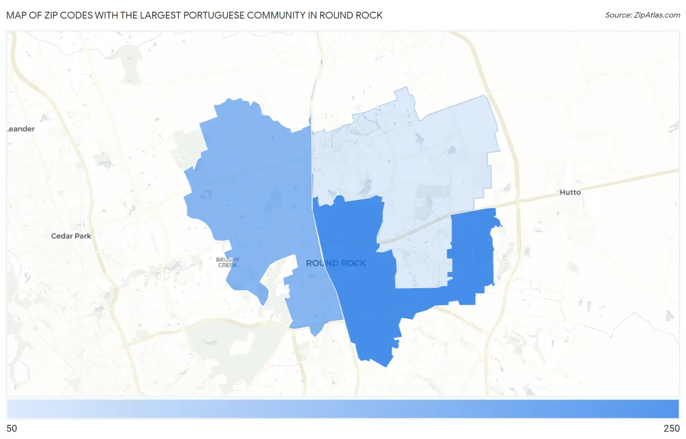 Zip Codes with the Largest Portuguese Community in Round Rock Map