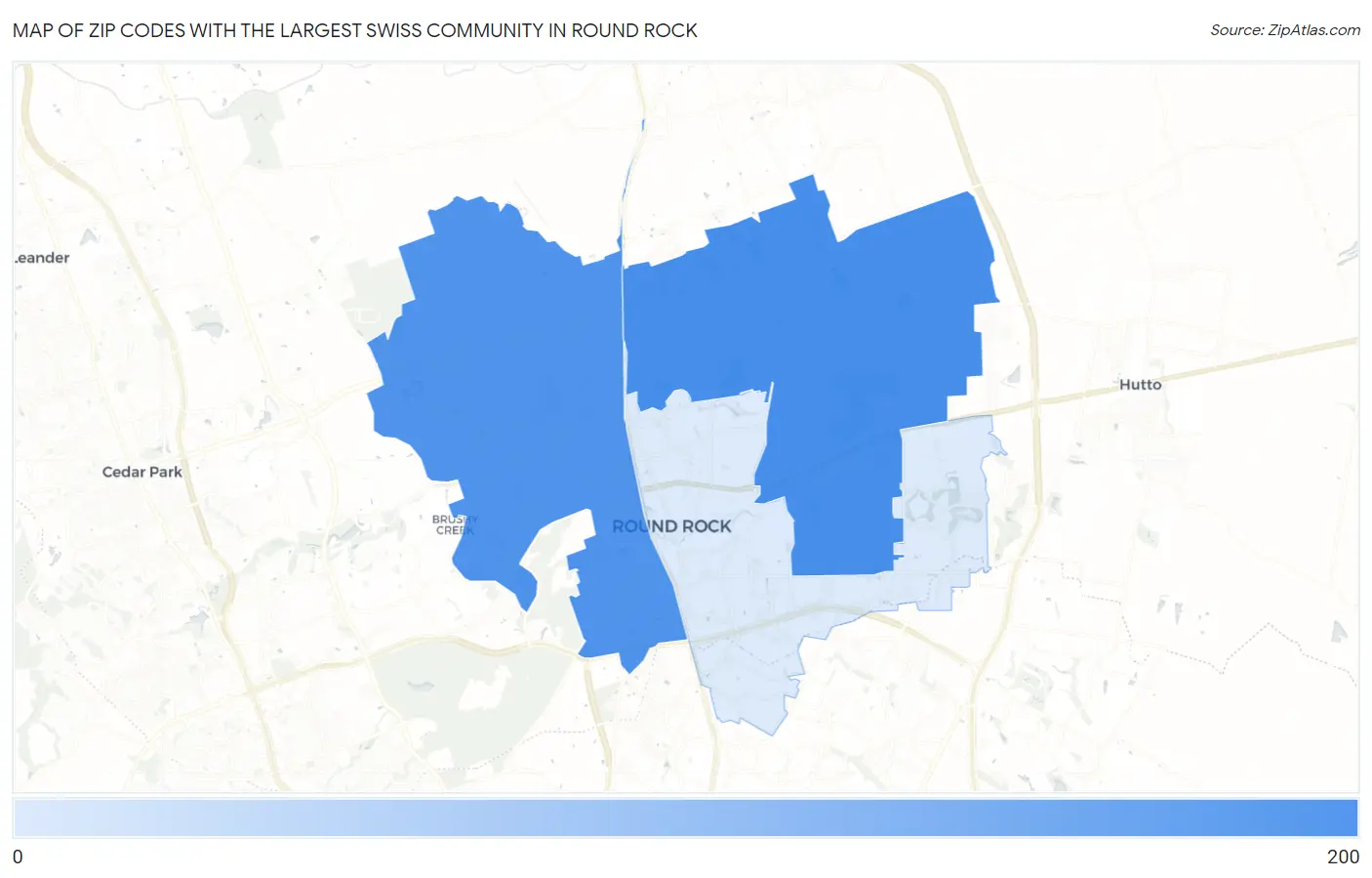 Zip Codes with the Largest Swiss Community in Round Rock Map