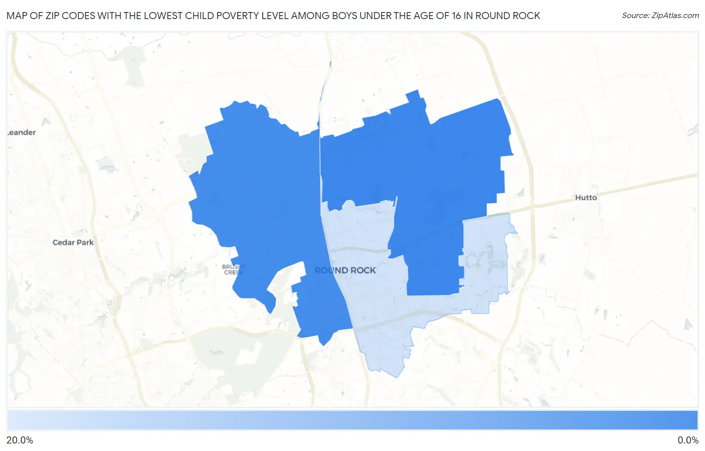 Zip Codes with the Lowest Child Poverty Level Among Boys Under the Age of 16 in Round Rock Map