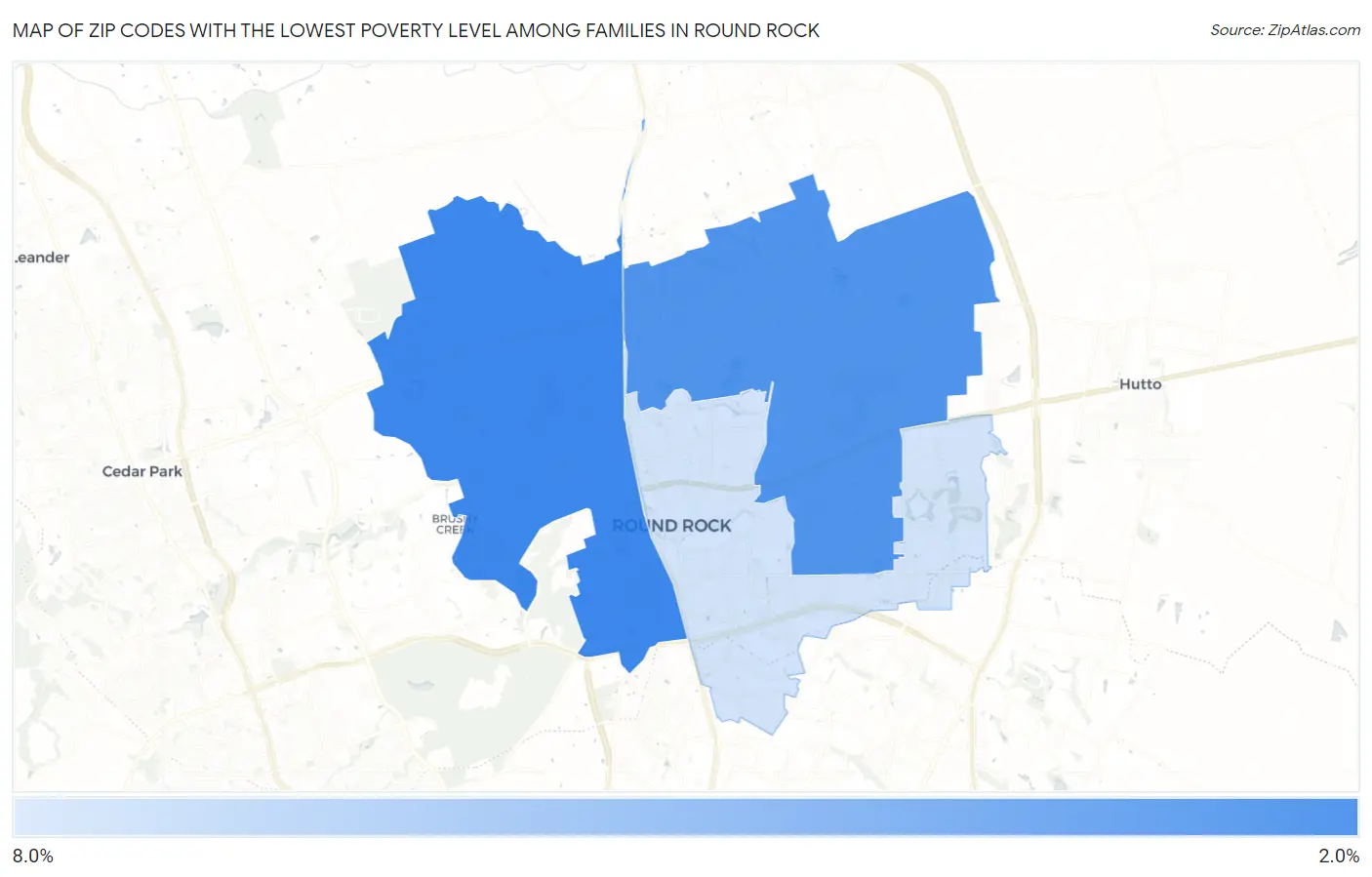 Zip Codes with the Lowest Poverty Level Among Families in Round Rock Map