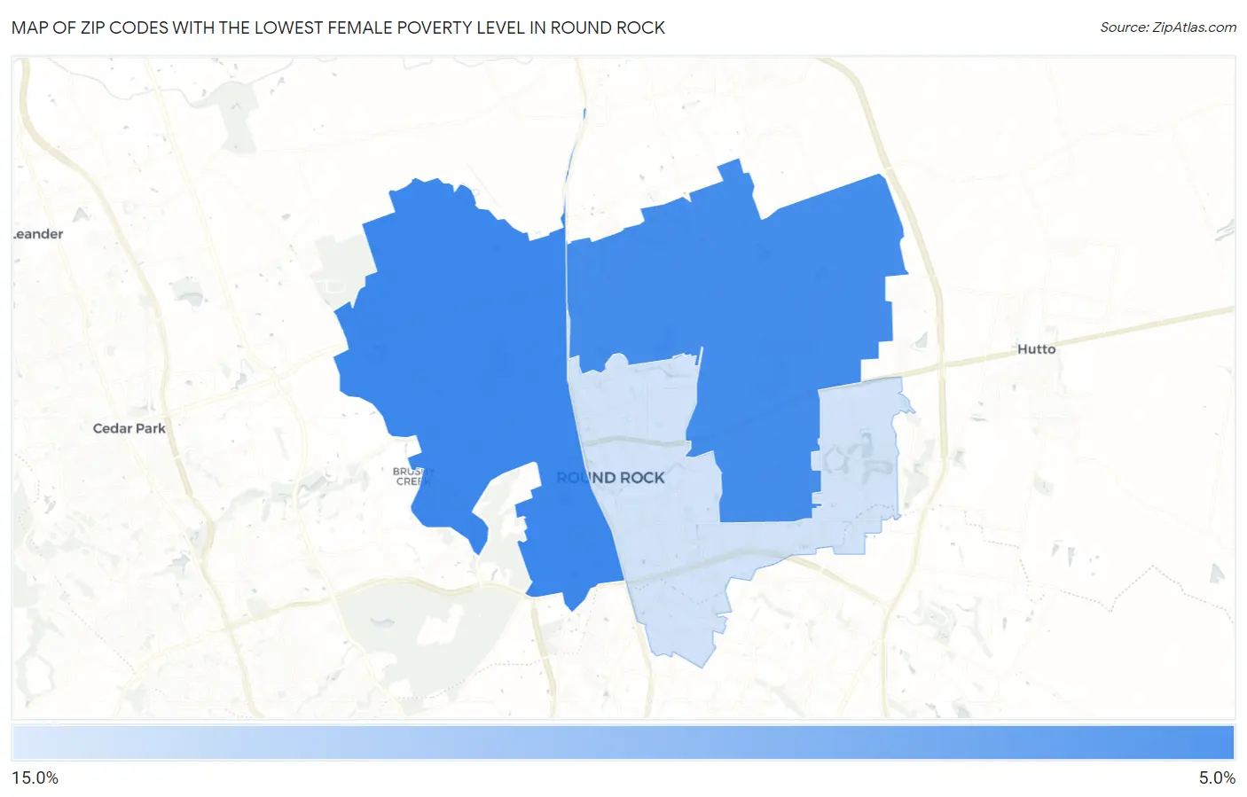 Zip Codes with the Lowest Female Poverty Level in Round Rock Map