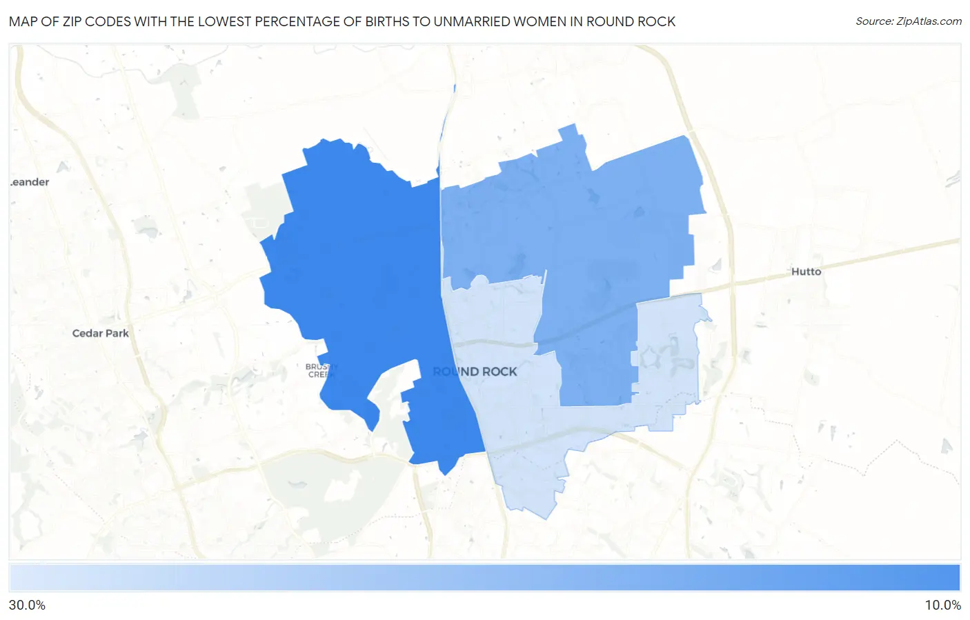 Zip Codes with the Lowest Percentage of Births to Unmarried Women in Round Rock Map