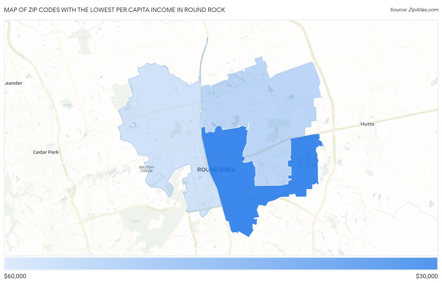Zip Codes with the Lowest Per Capita Income in Round Rock Map