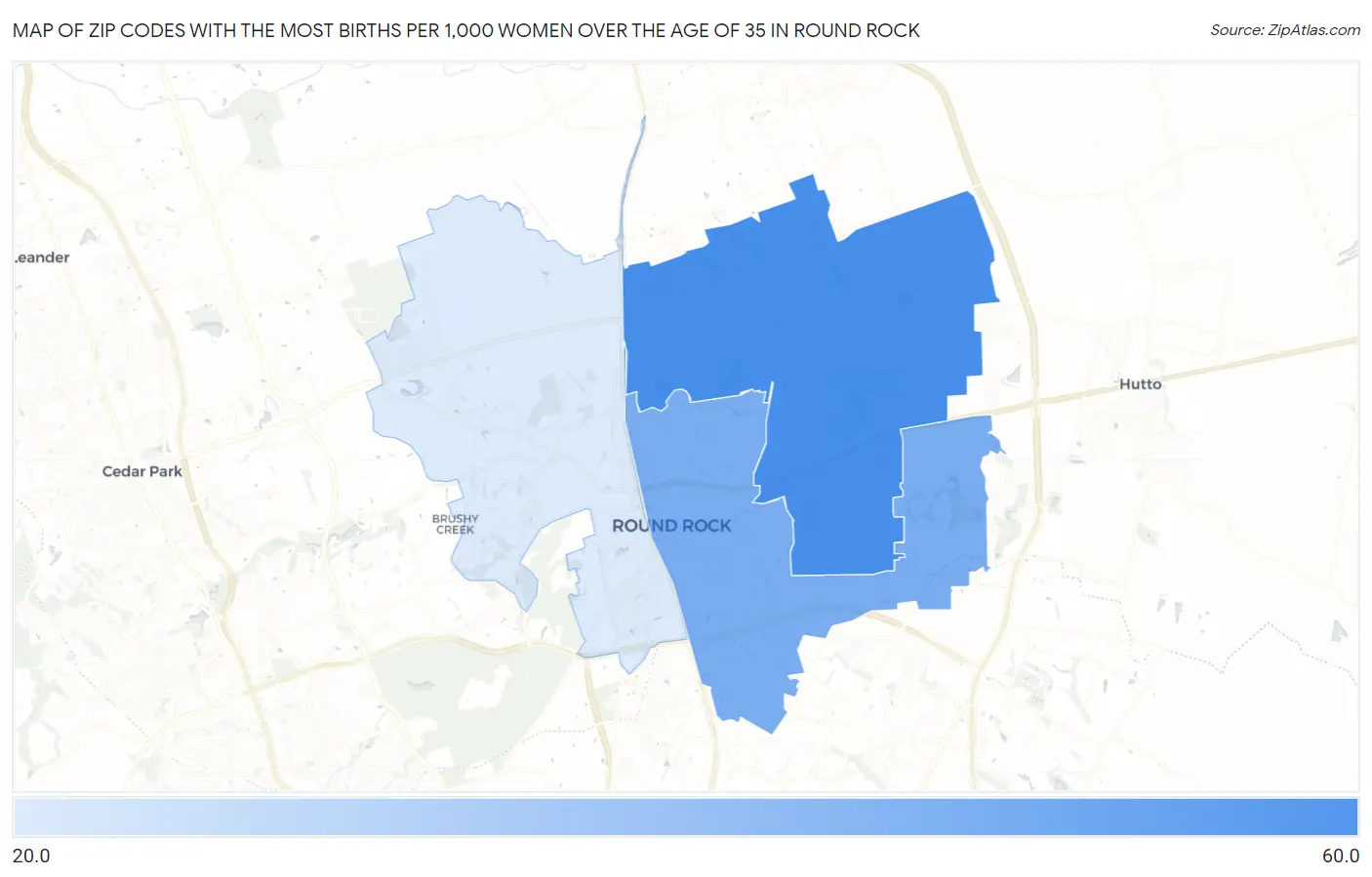 Zip Codes with the Most Births per 1,000 Women Over the Age of 35 in Round Rock Map