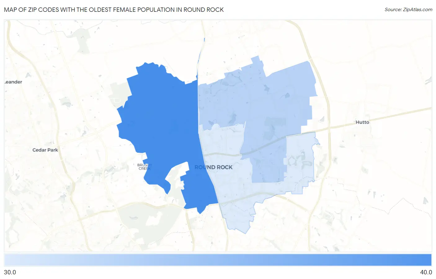 Zip Codes with the Oldest Female Population in Round Rock Map
