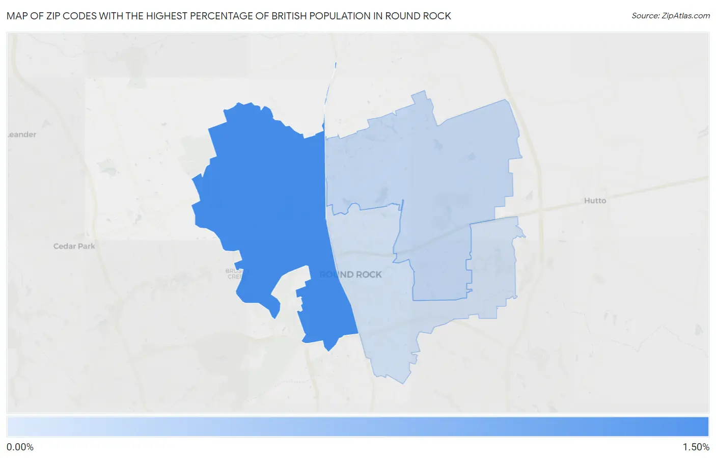 Zip Codes with the Highest Percentage of British Population in Round Rock Map
