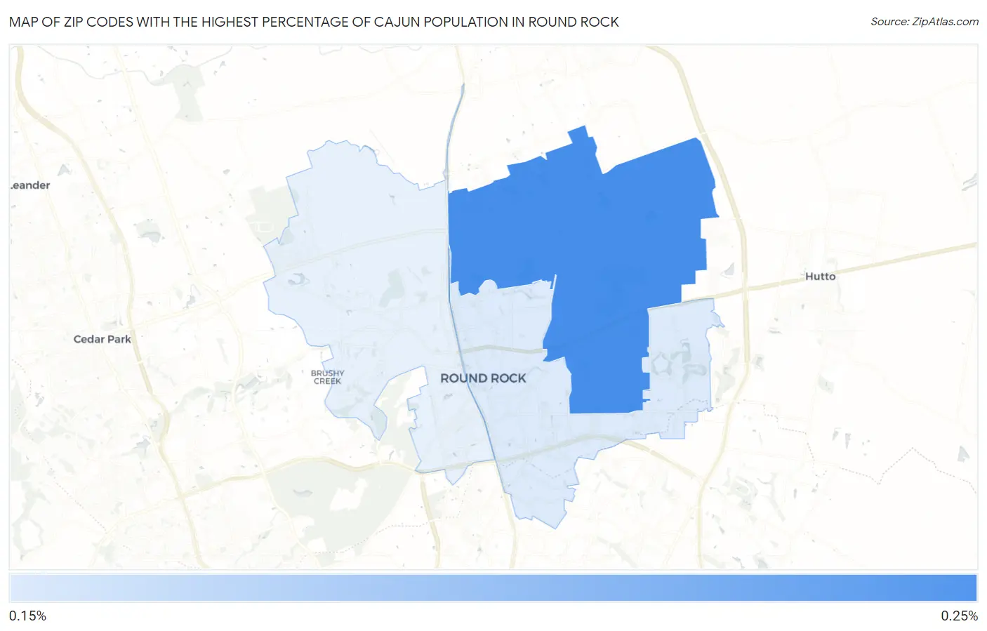 Zip Codes with the Highest Percentage of Cajun Population in Round Rock Map