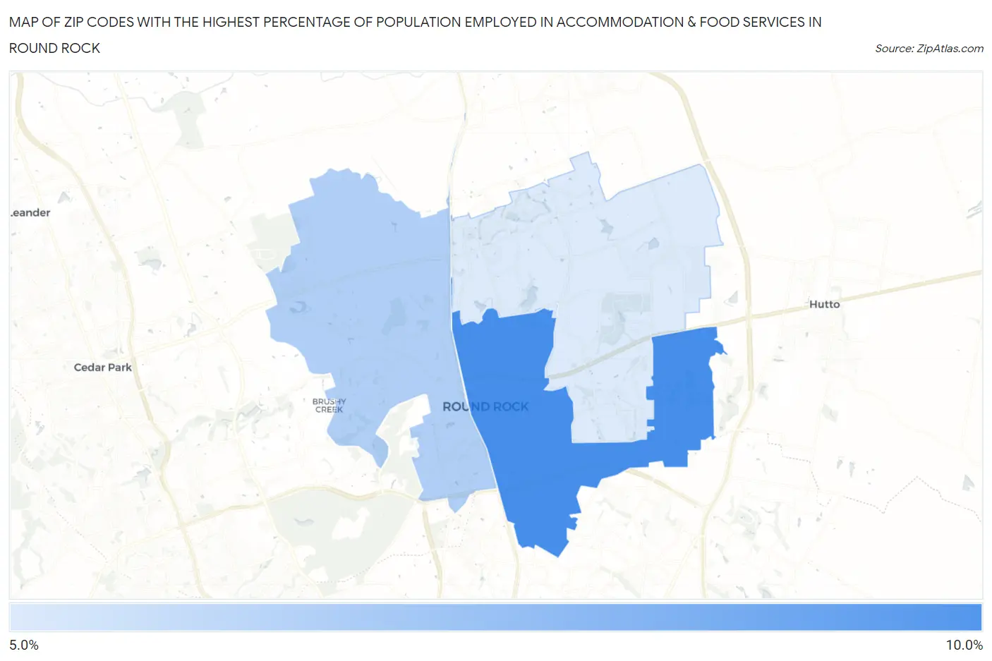 Zip Codes with the Highest Percentage of Population Employed in Accommodation & Food Services in Round Rock Map