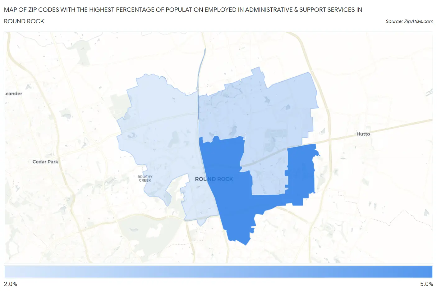 Zip Codes with the Highest Percentage of Population Employed in Administrative & Support Services in Round Rock Map