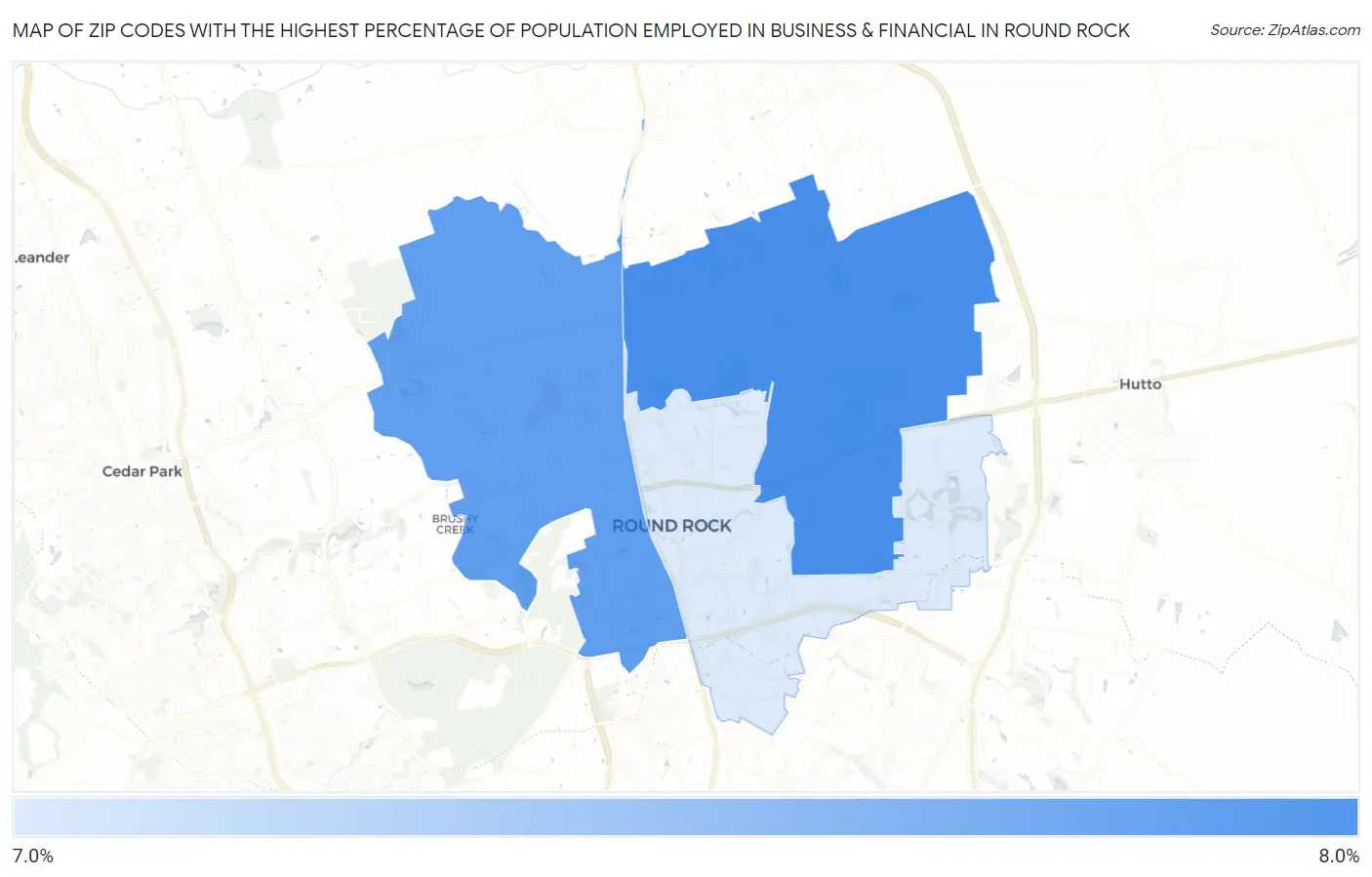 Zip Codes with the Highest Percentage of Population Employed in Business & Financial in Round Rock Map