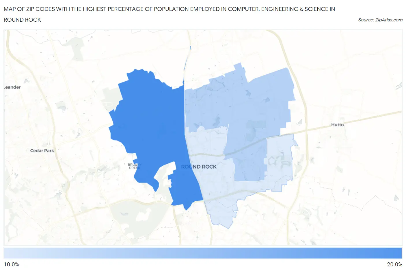 Zip Codes with the Highest Percentage of Population Employed in Computer, Engineering & Science in Round Rock Map