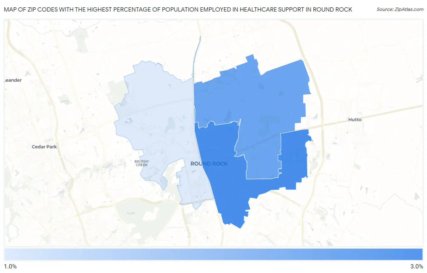 Zip Codes with the Highest Percentage of Population Employed in Healthcare Support in Round Rock Map