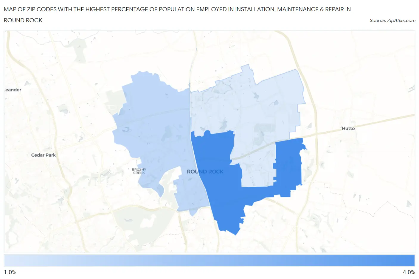 Zip Codes with the Highest Percentage of Population Employed in Installation, Maintenance & Repair in Round Rock Map