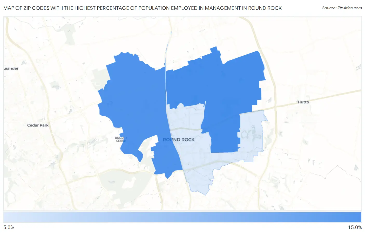 Zip Codes with the Highest Percentage of Population Employed in Management in Round Rock Map