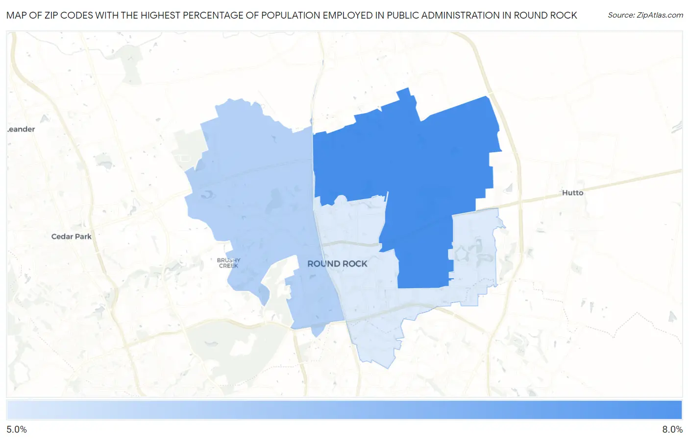 Zip Codes with the Highest Percentage of Population Employed in Public Administration in Round Rock Map