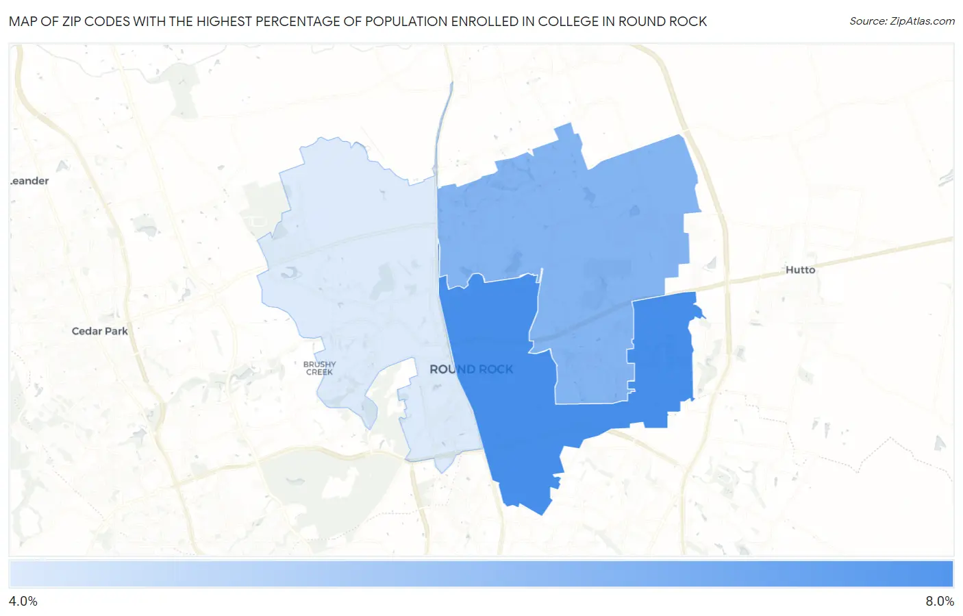 Zip Codes with the Highest Percentage of Population Enrolled in College in Round Rock Map