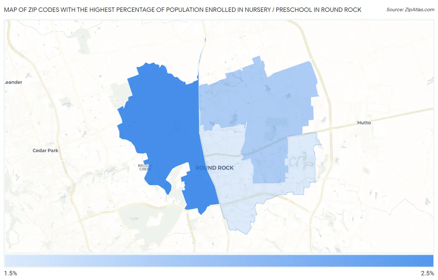 Zip Codes with the Highest Percentage of Population Enrolled in Nursery / Preschool in Round Rock Map