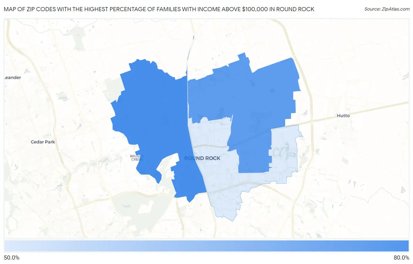 Zip Codes with the Highest Percentage of Families with Income Above $100,000 in Round Rock Map
