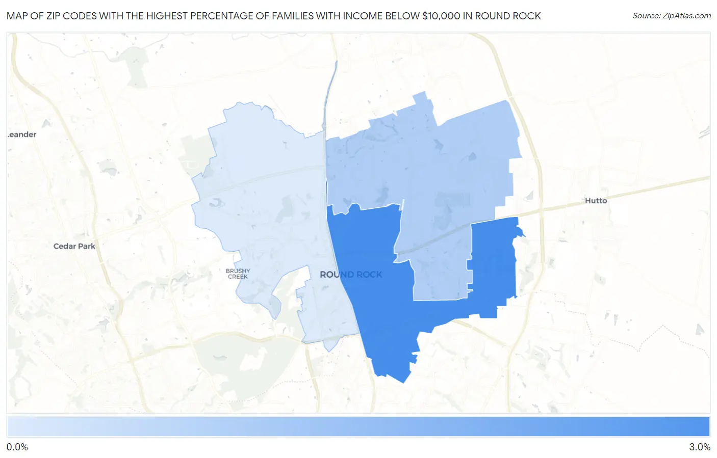 Zip Codes with the Highest Percentage of Families with Income Below $10,000 in Round Rock Map