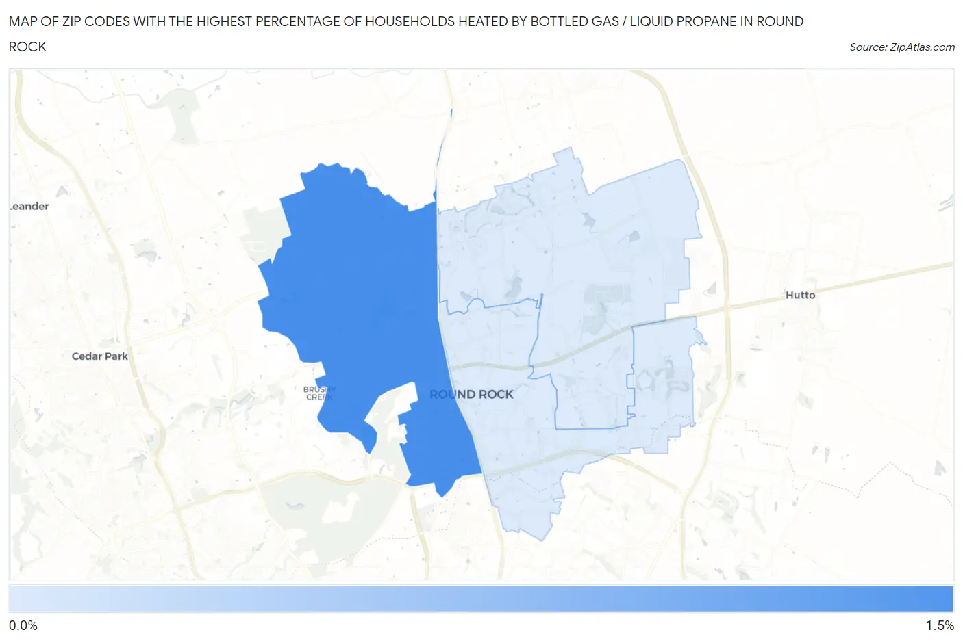 Zip Codes with the Highest Percentage of Households Heated by Bottled Gas / Liquid Propane in Round Rock Map