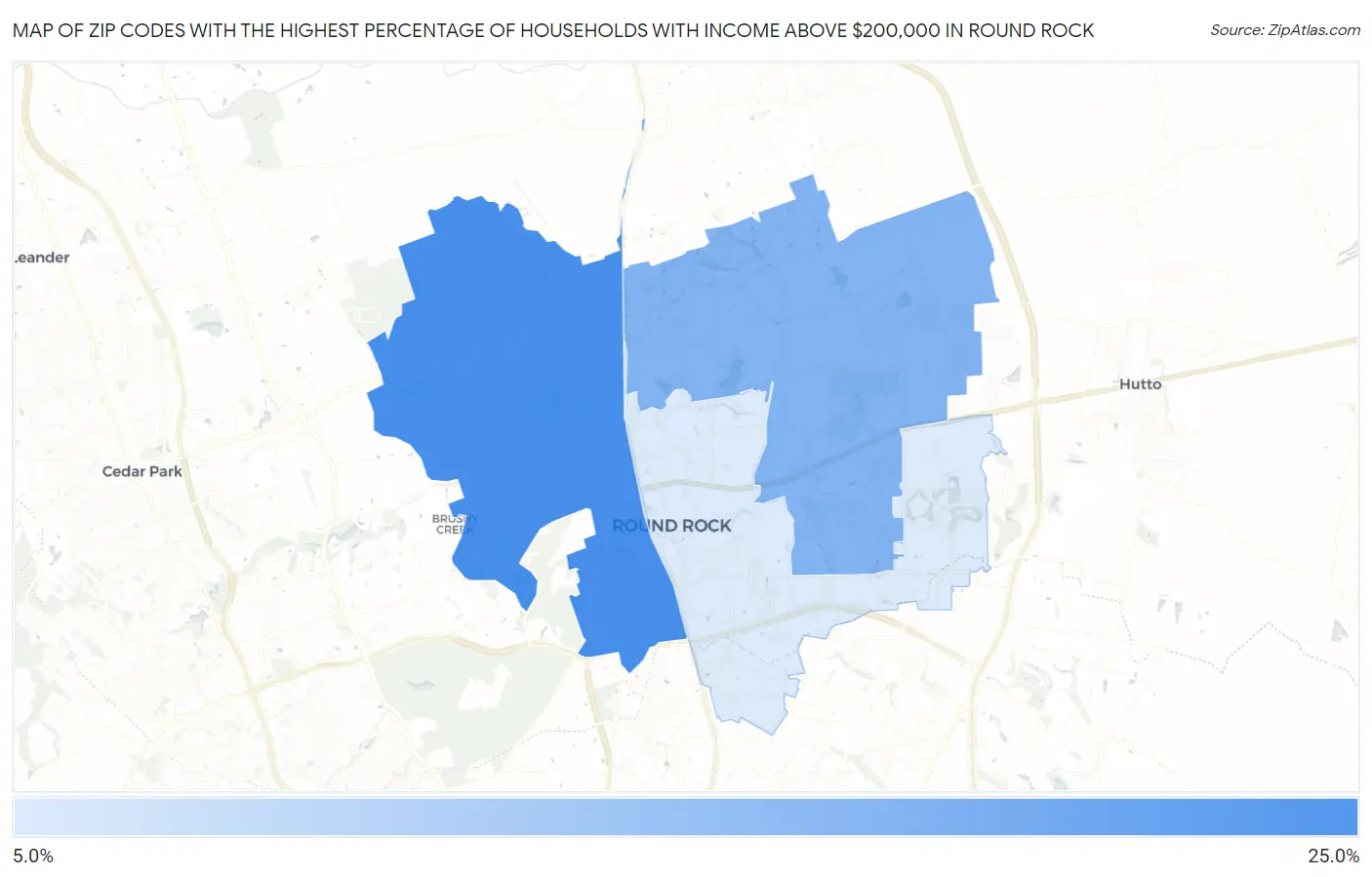 Zip Codes with the Highest Percentage of Households with Income Above $200,000 in Round Rock Map