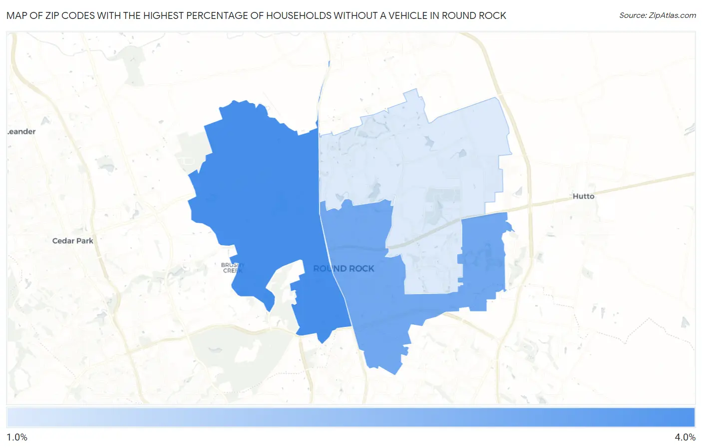 Zip Codes with the Highest Percentage of Households Without a Vehicle in Round Rock Map