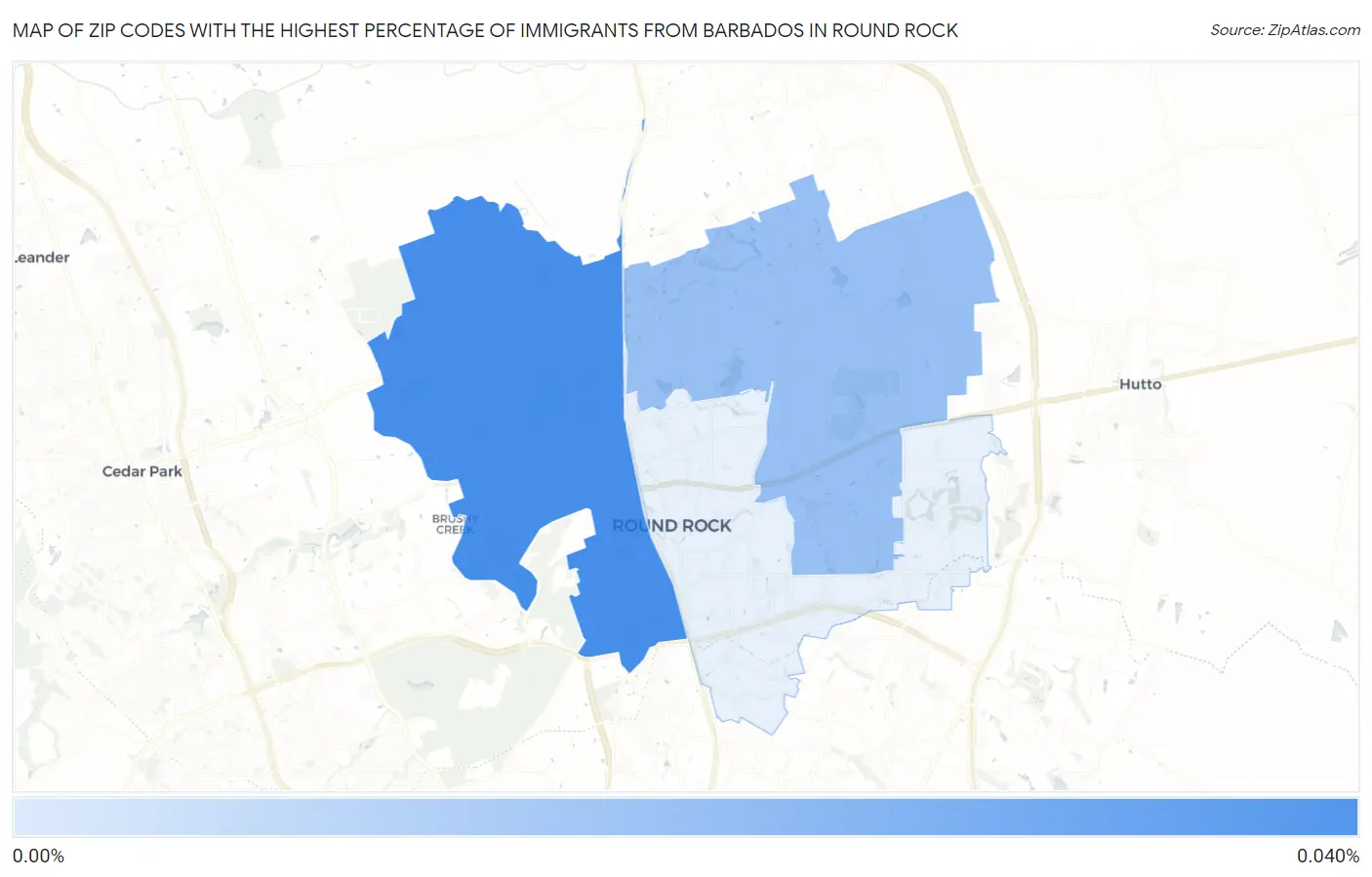 Zip Codes with the Highest Percentage of Immigrants from Barbados in Round Rock Map