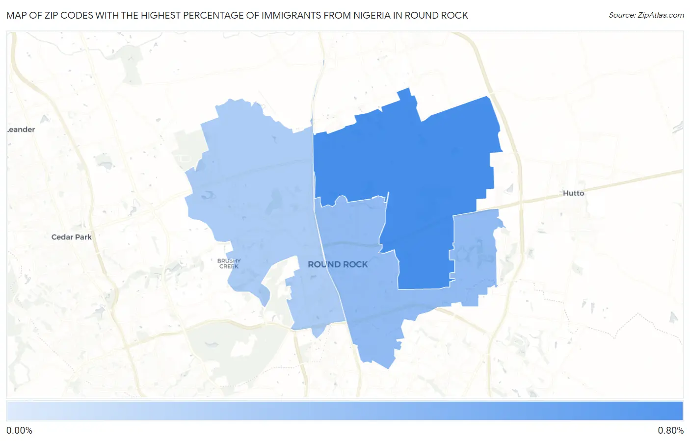 Zip Codes with the Highest Percentage of Immigrants from Nigeria in Round Rock Map