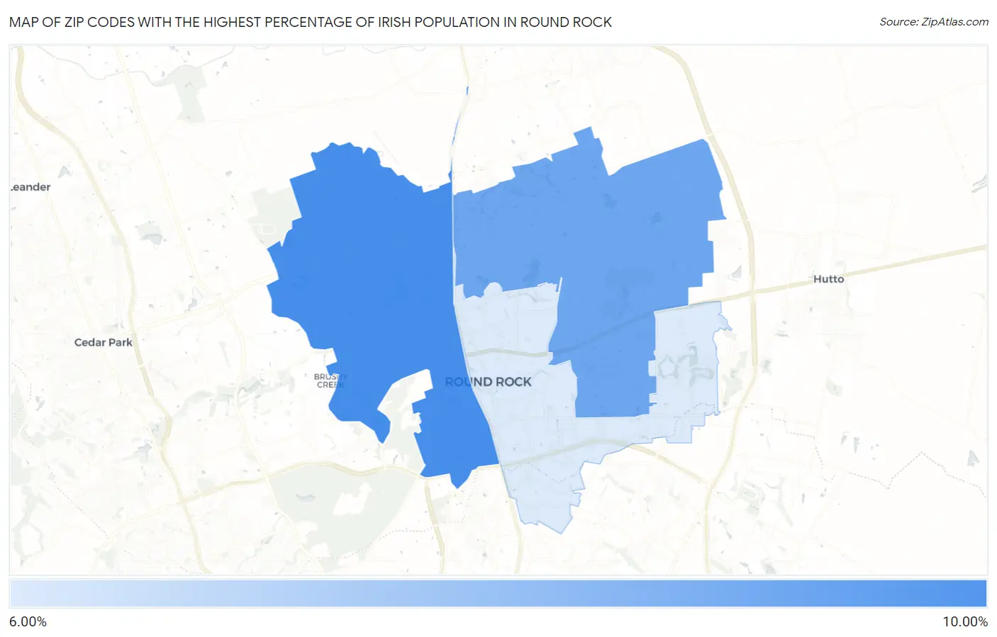 Zip Codes with the Highest Percentage of Irish Population in Round Rock Map