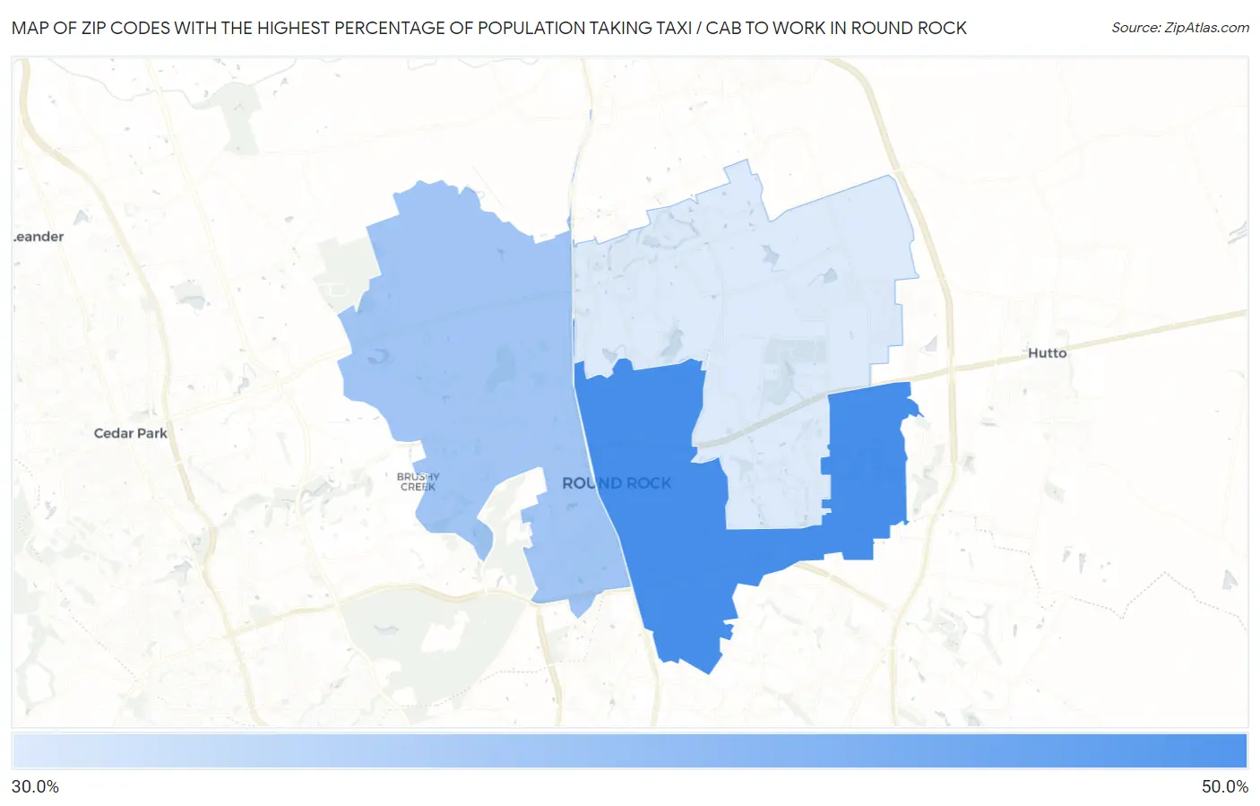 Zip Codes with the Highest Percentage of Population Taking Taxi / Cab to Work in Round Rock Map