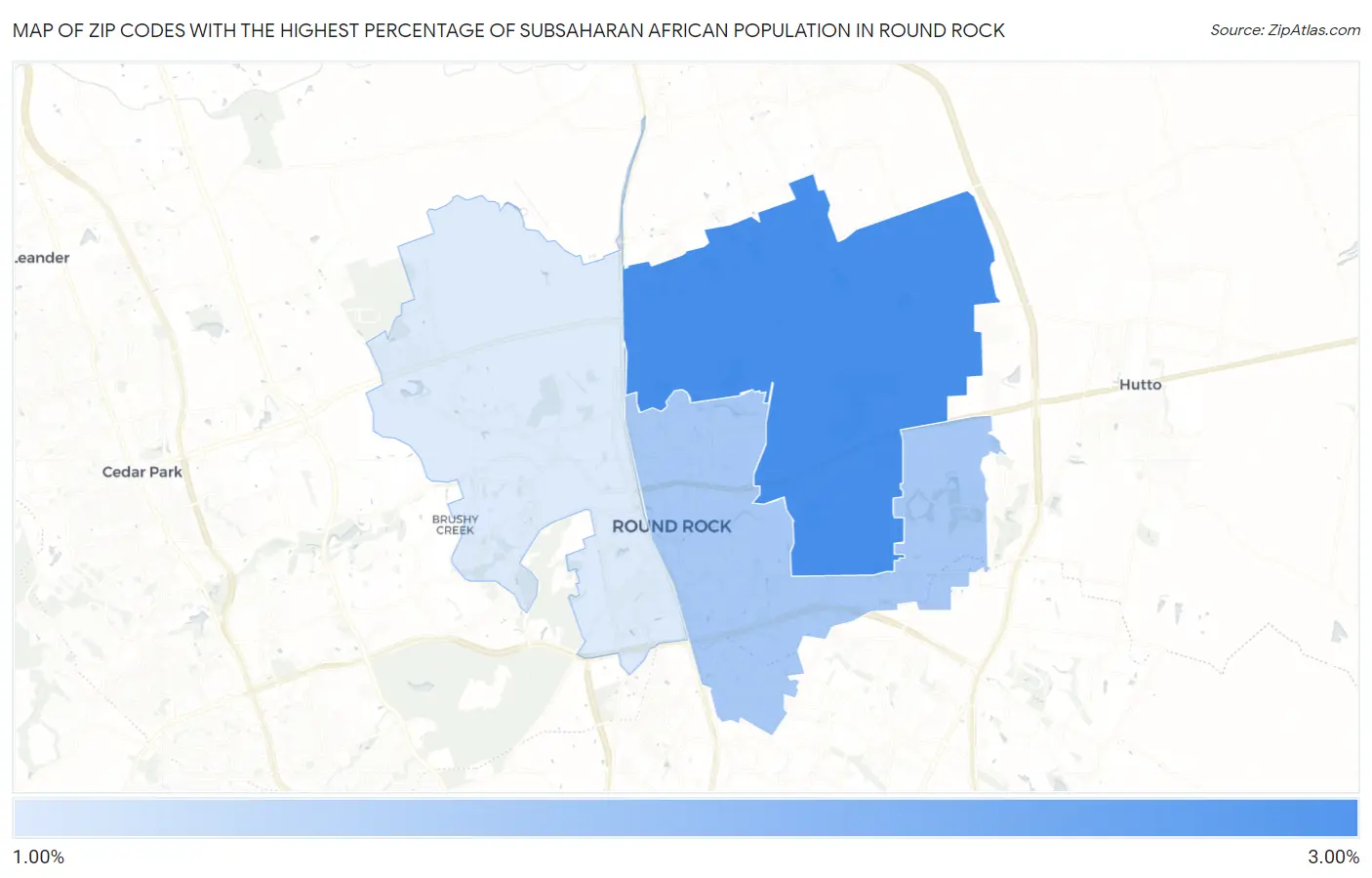 Zip Codes with the Highest Percentage of Subsaharan African Population in Round Rock Map