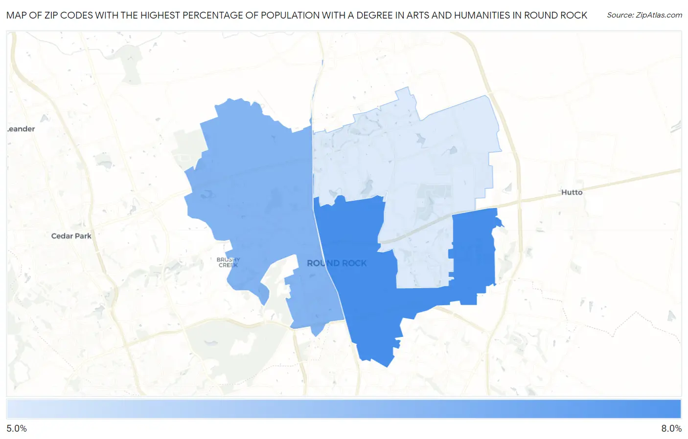 Zip Codes with the Highest Percentage of Population with a Degree in Arts and Humanities in Round Rock Map