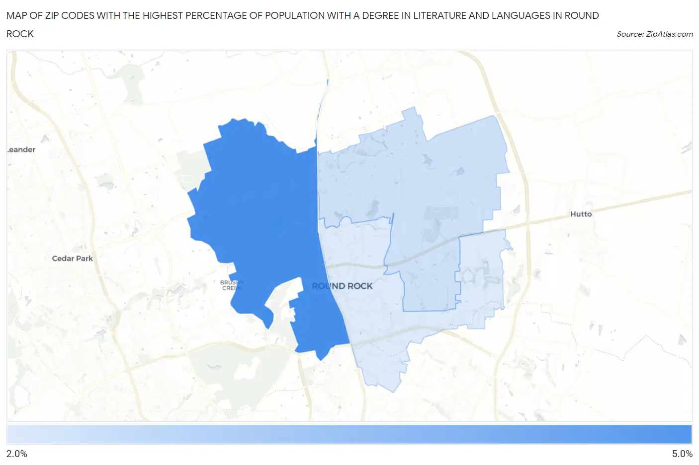 Zip Codes with the Highest Percentage of Population with a Degree in Literature and Languages in Round Rock Map