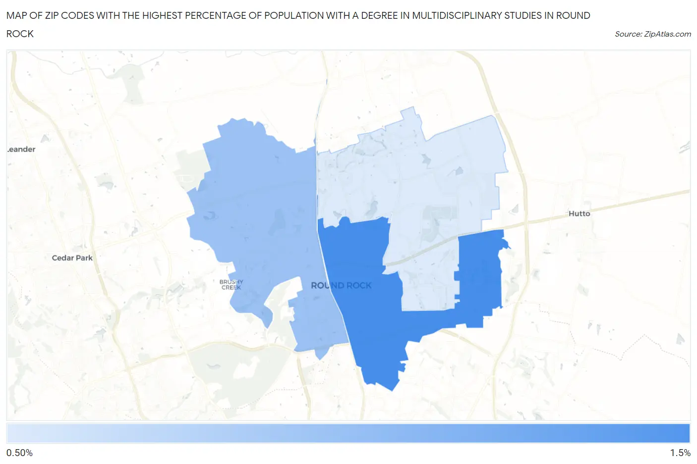 Zip Codes with the Highest Percentage of Population with a Degree in Multidisciplinary Studies in Round Rock Map