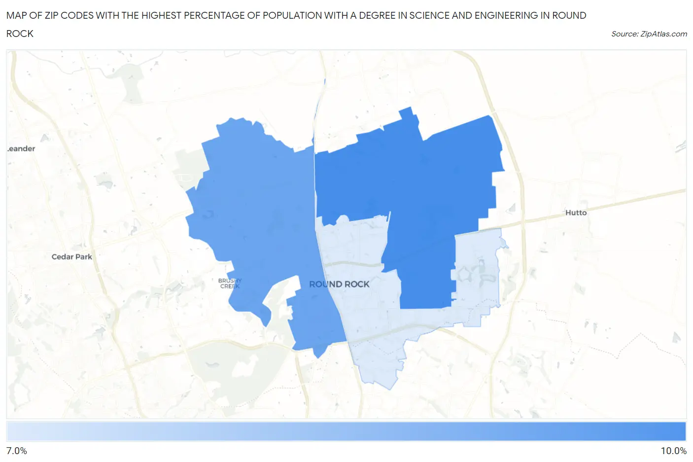 Zip Codes with the Highest Percentage of Population with a Degree in Science and Engineering in Round Rock Map