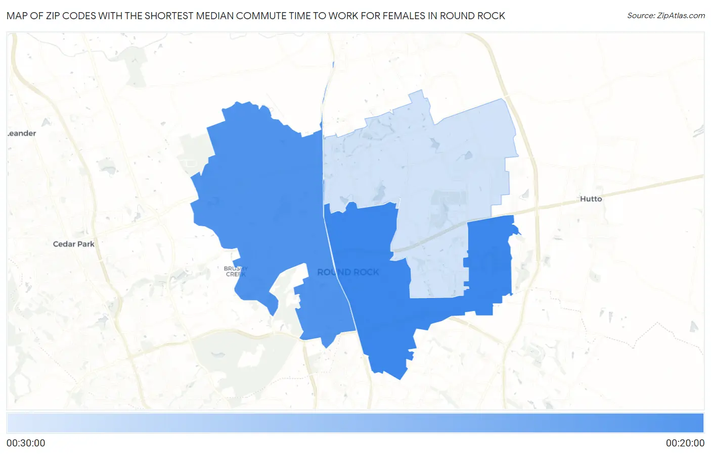 Zip Codes with the Shortest Median Commute Time to Work for Females in Round Rock Map