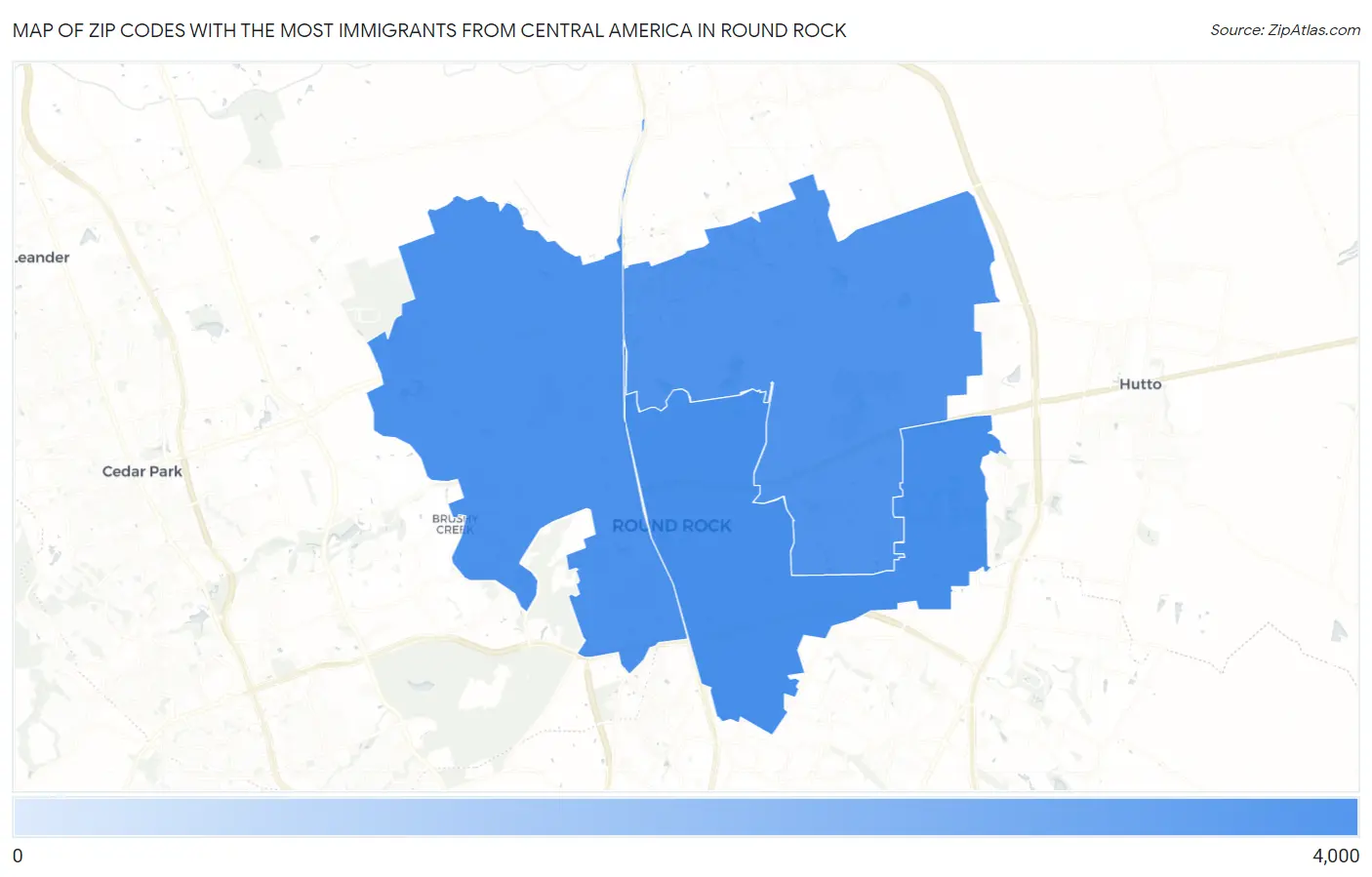 Zip Codes with the Most Immigrants from Central America in Round Rock Map