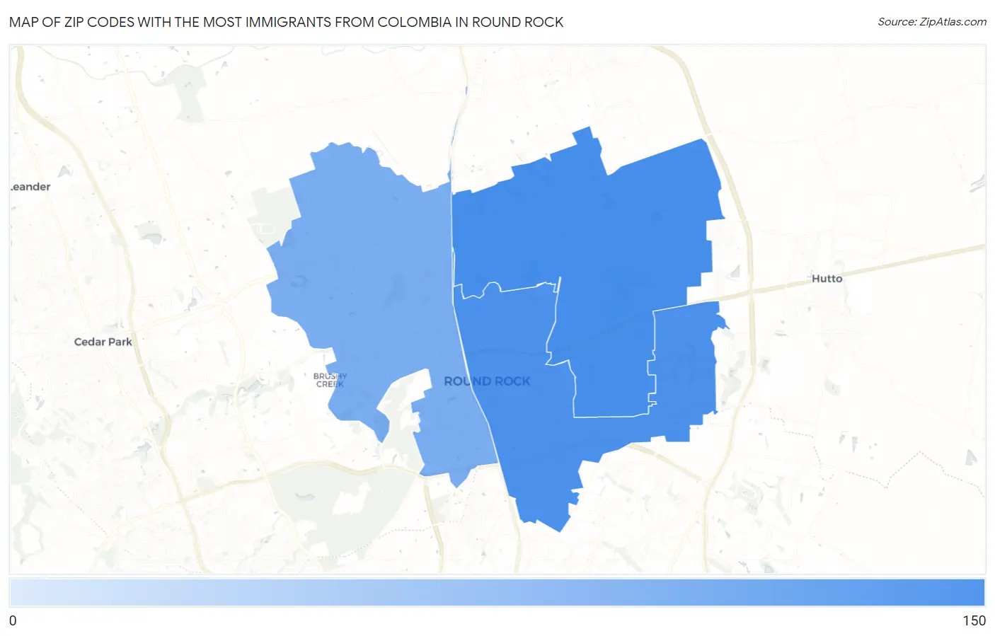 Zip Codes with the Most Immigrants from Colombia in Round Rock Map