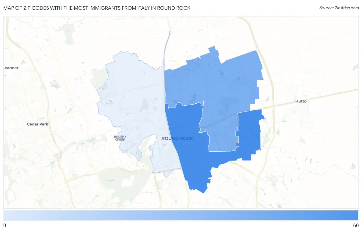 Zip Codes with the Most Immigrants from Italy in Round Rock Map